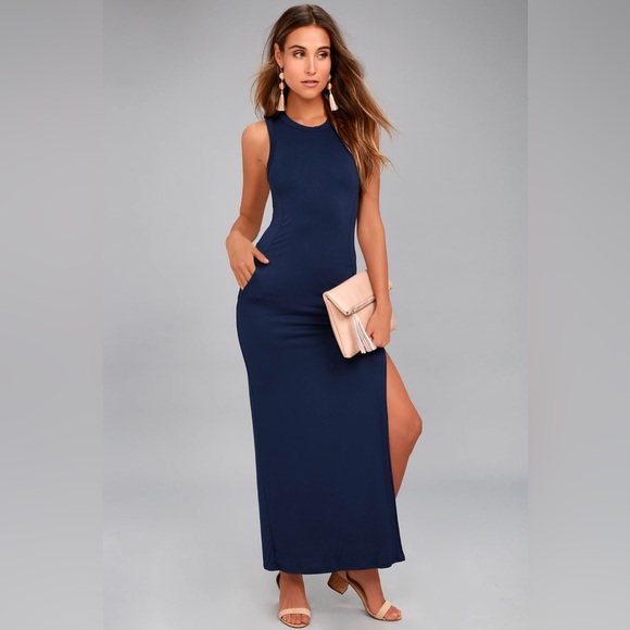 Lulu’s Shield and Sword Navy Blue Sleeveless Maxi Dress With Pockets Size Large - Picture 2 of 15